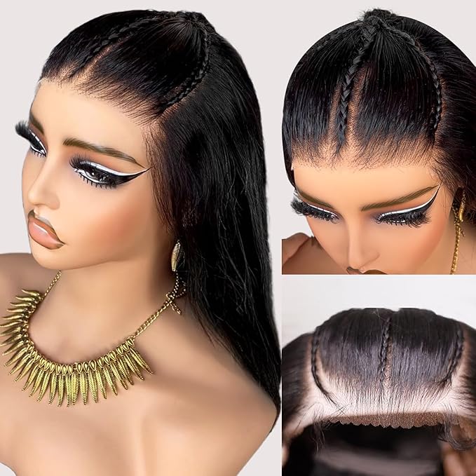 250% Pre Braided Wig Glueless Wigs Human Hair Pre Plucked Pre Cut Human Hair Wigs for Women 9x6 Silky Straight HD Lace Front Wigs Human Hair Pre Everything Glueless Bleached Knots