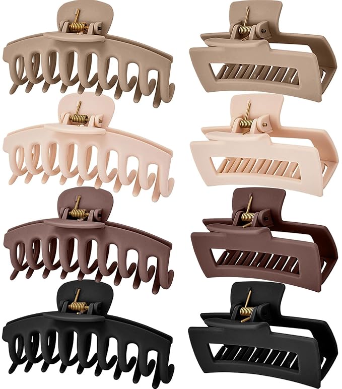 Hair Claw Clips for Women Matte Non-Slip 8-Pack | 4.3 inch & 3.5 inch Hair Clips | Strong Hold for Thick/Thin Hair & Curly Hair | Neutral Colors, All-Day Secure Grip