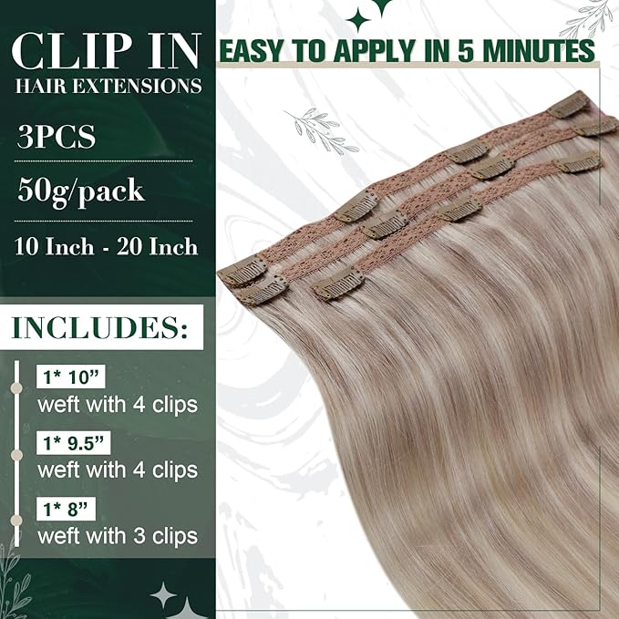 RUNATURE Clip in Hair Extensions Real Human Hair, Blonde Hair Extensions Clip Ins, Remy Human Hair Clip in Extensions, Add Hair volume, 14 Inch 50g 3pcs #19P60 Grey Blonde Highlight Platinum Blonde
