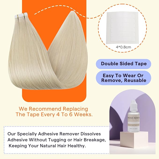 Full Shine Tape in Hair Extensions 20 Inch Natural Double Sided Tape Ins Human Hair Extensions Color 60 Platinum Blonde Seamless Remy Extensions for Women Real Hair 50grams 20PCS Add Length