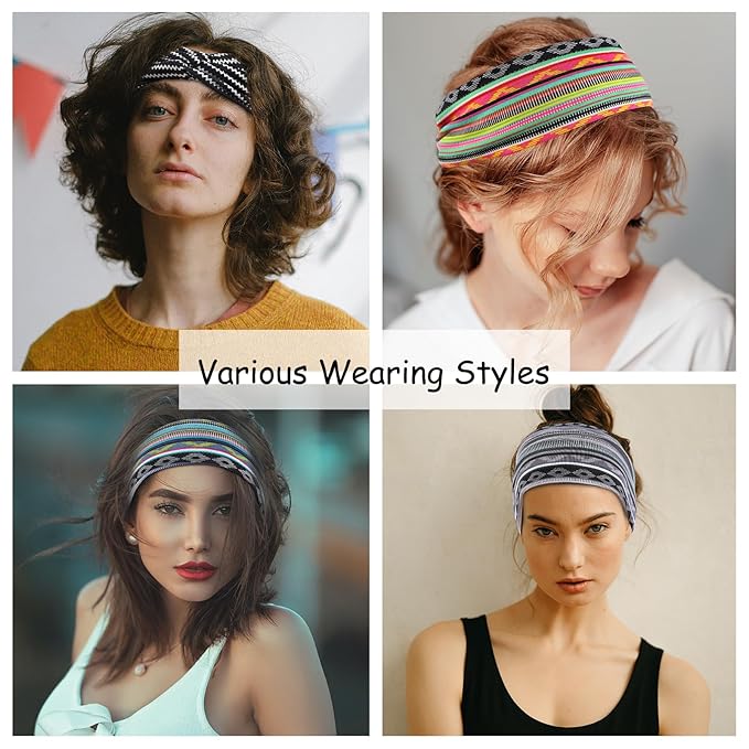 Achiou Boho Headbands for Women, Twist Knotted Head Bands for Women's Curly Hair Non Slip, Wide Turban Cloth Hairbands, Elastic Hair Accessories for Girls Yoga 6 Pack Two Size