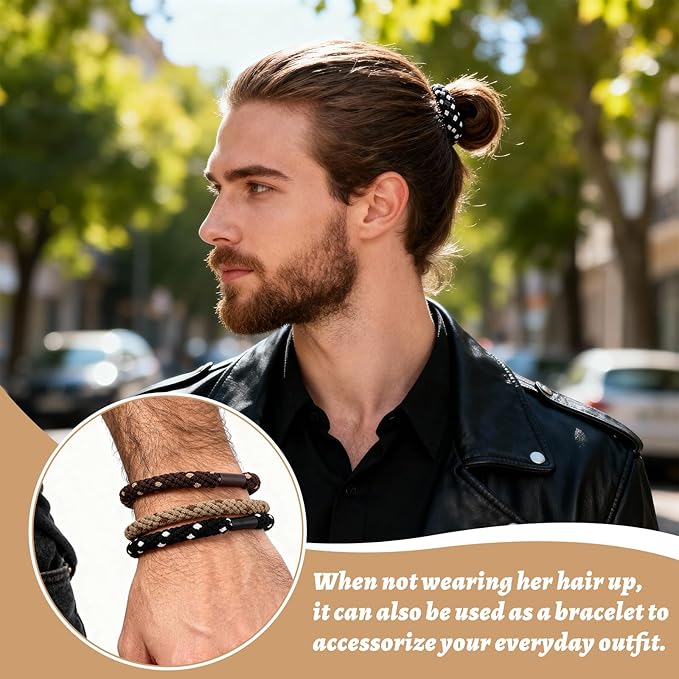 12PCS Braided Hair Ties for Men, No Crease No Slip Grip Elastic Bands, Strong Hold Ponytail & Beard Bands for Thick Curly Hair, Damage-Free Design for Sports, Workout, Daily Use
