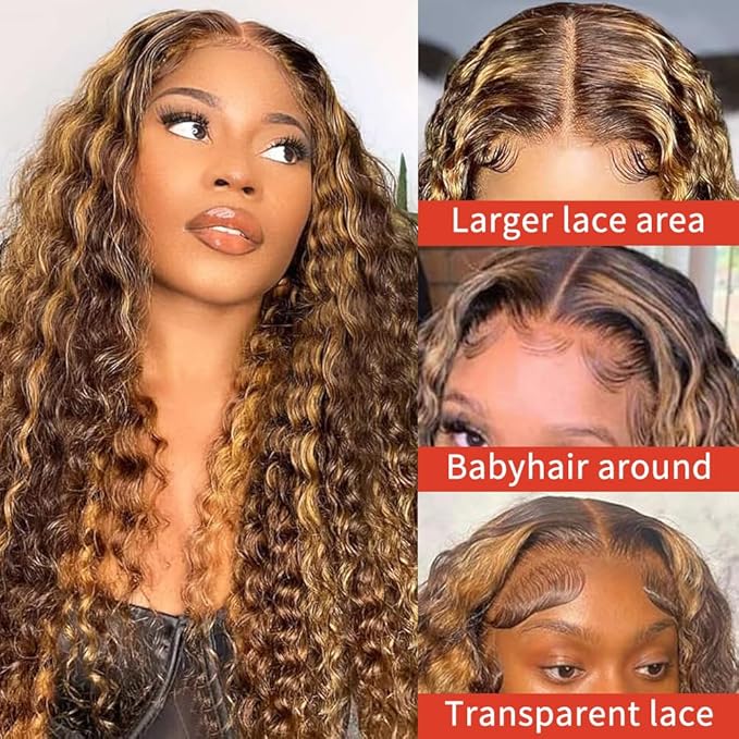 Highlight Ombre 13x6 Lace Front Wig Human Hair Deep Wave Honey Blonde Glueless HD Transparent Lace Frontal Wigs for Women 180 Density Human Hair (highlight ombre deep wave, 26 inch)