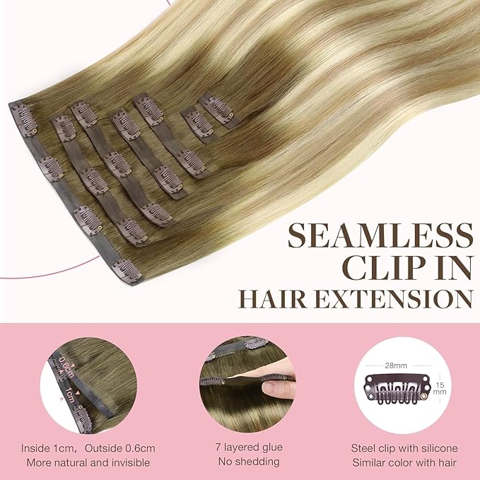 GOO GOO Clip in Hair Extensions Real Human Hair, Remy Human Hair Extensions Clip ins for Women, Natural Human Hair, 16inch 110g 7Pcs, 5A/90/16F Bahamian Balayage