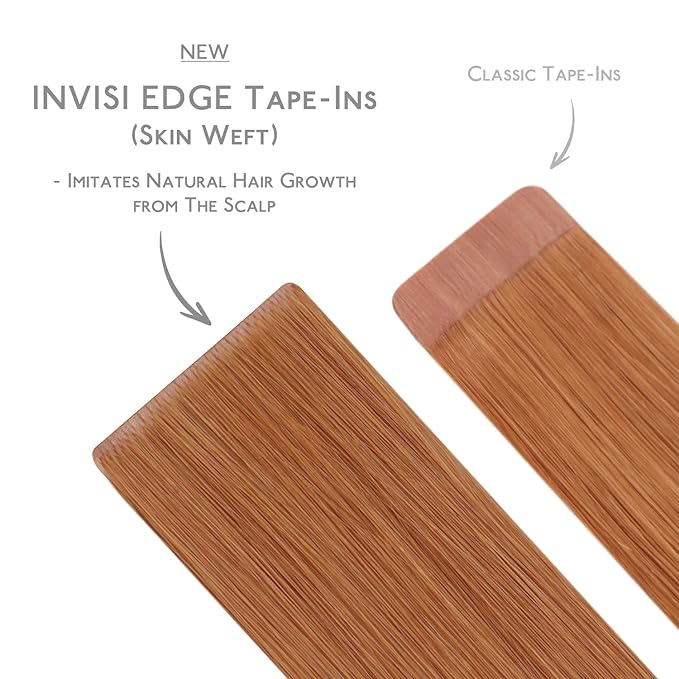 WENNALIFE Invisi Edge & Classic Tape in Hair Extensions Human Hair, 14 Inch 50g 20pcs(10pcs Invisi Edge & 10pcs Classic) Auburn Ginger Invisible Luxury Remy Hair Natural Seamless Injected Tape Ins