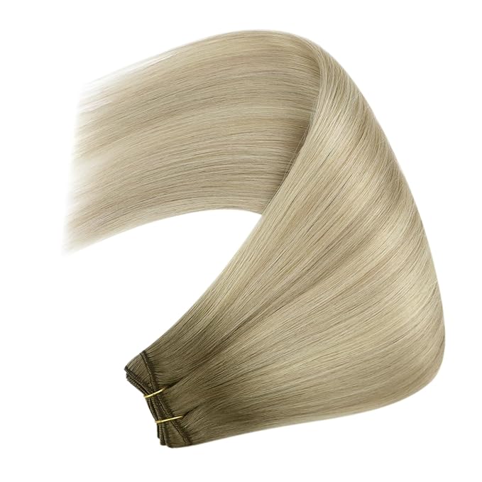 YoungSee Human Hair Sew in Extensions Blonde Ombre Hair Extensions Weft Sew in Hair Extensions Real Human Hair Ash Blonde Ombre Platinum Blond Long Straight Hair 22inch 100g