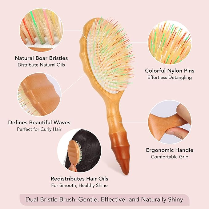 Handmade Boar Bristle Hair Brush for Women Girls with All Hair Types - Restore Natural Shine for Frizz Control At-Home Salon Treatment to Smooth, Detangle and Add Volume for Thin Hair
