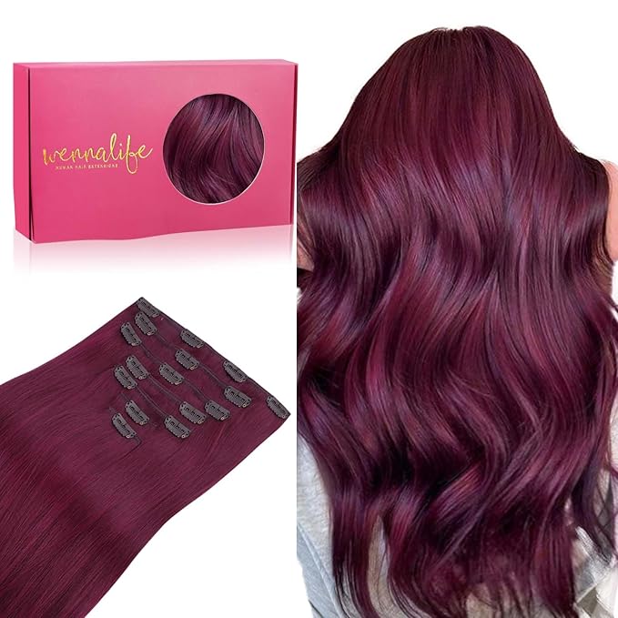 WENNALIFE Clip in Hair Extensions Real Human Hair, 24 Inch 120g 7pcs Remy Hair, Light Burgundy Straight Natural Coloured Extensiones De Cabello Humano Con Clip Ins