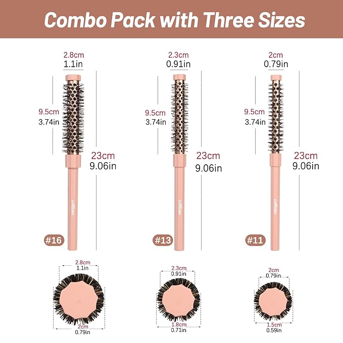 Small Round Hair Brush Pink - Boar Bristle&Nylon Mixed Bristles for Smoothing, Volumizing & Frizz Control - Mini Blow Dry Styling Brush for Fine Hair, Smooth Curls and Salon Blowout at Home