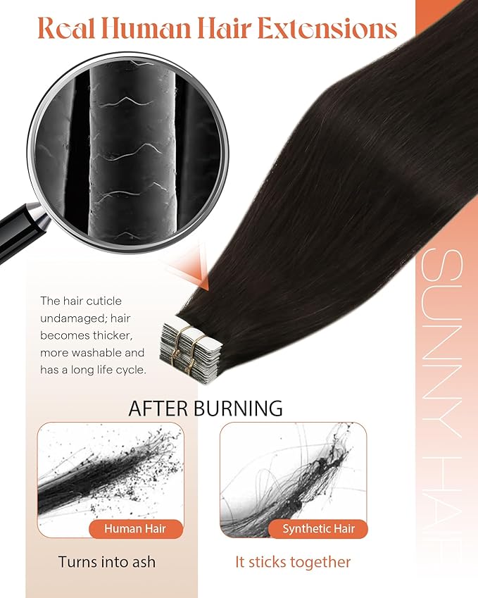 Sunny Hair Tape in Hair Extensions Real Human Hair Invisible Remy Hair Extensions Tape ins for Women Darkest Brown 12 inch 20Pcs