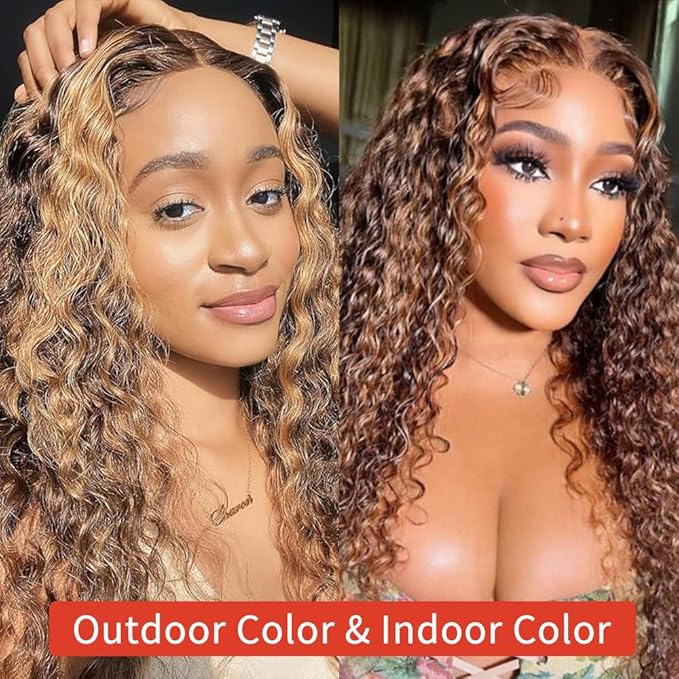 Highlight Ombre 13x6 Lace Front Wig Human Hair Deep Wave Honey Blonde Glueless HD Transparent Lace Frontal Wigs for Women 180 Density Human Hair (highlight ombre deep wave, 28 inch)