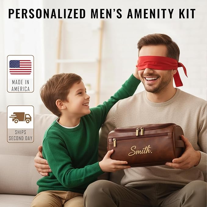 Personalized Toiletry Bag for Men, Engraved Name Initials Toiletry Bag, Customized Monogram Travel Shaving Dopp Kit for Groomsmen, Gift for Christmas, Birthday, Dad, Husband (Light Brown)