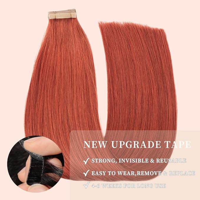 Tape in Hair Extensions Real Human Hair 24 Inch Copper Double Sided Tape for Skin Weft Hair Extension Invisible Tape in Hair Extensions Straight Remy Human Hair for Women 20pcs (350#,24 Inch)