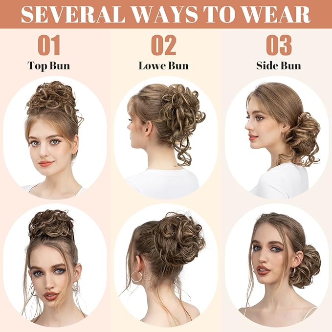 CJL HAIR 2PCS Messy Bun Hair Pieces Wavy Curly Synthetic Updo Chignon Fake Scrunchies Ponytail Extension for Women Pepper Brown