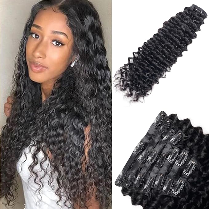 Seamless Clip in Hair Extensions Real Human Hair Deep Wave Brazilian Virgin Human Hair Clip in Extensions for Women 8Pcs PU Remy Hair Skin Weft with 18Clips 120g 24inch Natural Black
