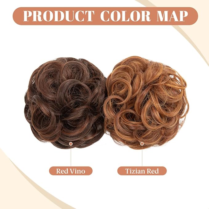 CJL HAIR 2PCS Messy Bun Hair Pieces Wavy Curly Synthetic Updo Chignon Fake Scrunchies Ponytail Extension for Women Tizian Red