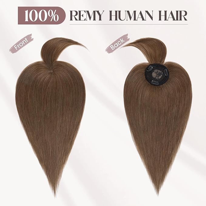 MY-LADY Human Hair Toppers for Women Real Human Hair with Bangs Thin 8.5 * 8.5CM Mono Base Clip in Remy Hairpieces Light Weight 14 Inch Medium Brown