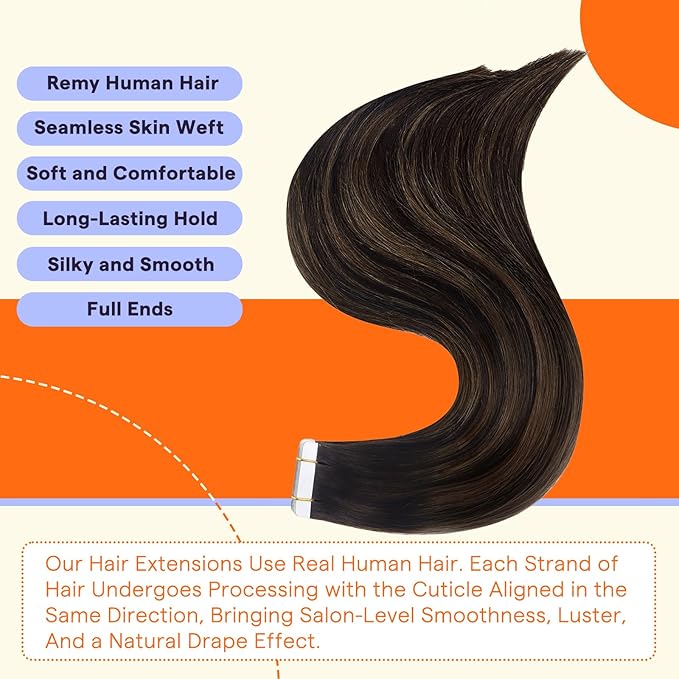 Full Shine Human Hair Tape ins Human Hair Extensions Brown Ombre with Shadow Roots 2/8/2 Tape in Extensions 14 Inch Hair Extensions Tape in Human Hair 50g 20pcs Seamless Extensions