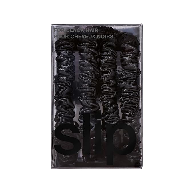 slip Silk Skinny Scrunchies - Black | Set of 4 Skinny Scrunchies | 100% Mulberry Silk, Anti-Crease, Gentle on Hair, Reduces Breakage | Stylish & Durable, Ideal for All Hair Types