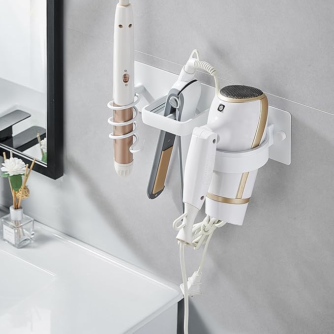 Hair Dryer Holder Wall Mounted,Blow Dryer, Curling Iron, Straightener Holder 3 in 1 Bathroom Metal Hair Tool Organizer Rack-Matte White-1