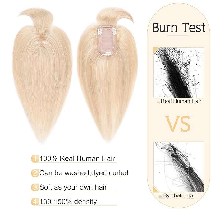 SEGO Hair Toppers for Women Real Human Hair With Bangs, 7 * 13CM Silk Base 100% Remy Human Hair Clip in Top Wiglet Hairpieces Add Volume //6 Inch Ash Blonde&Bleach Blonde