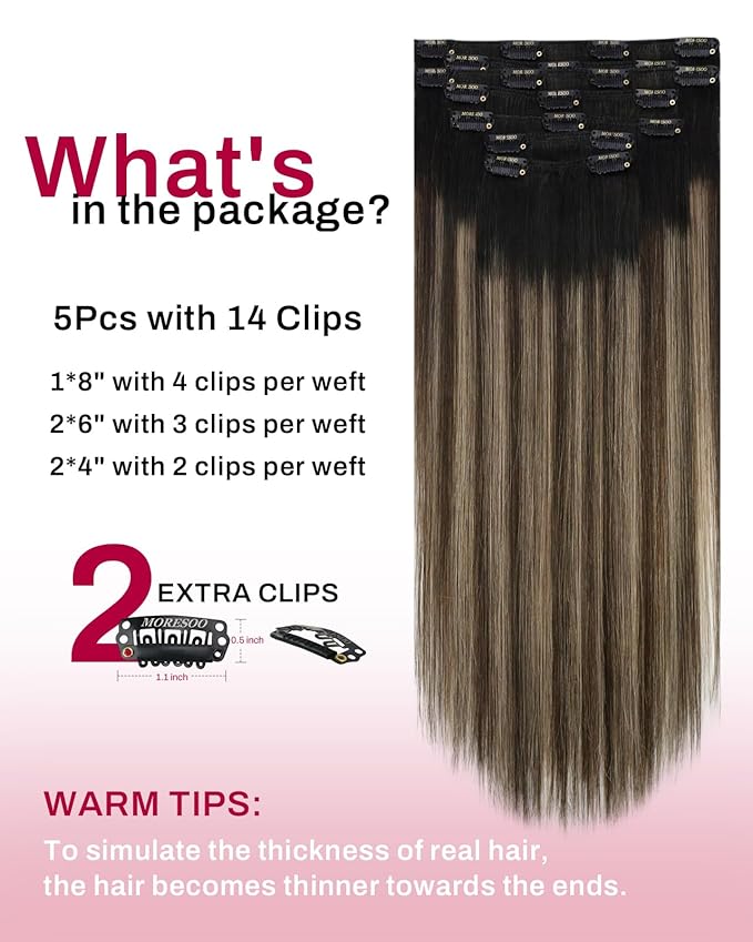 Moresoo Clip in Hair Extensions Remy Double Weft Human Hair Clip in Extensions Balayage Straight Hair Extensions for Women Ombre Black to Brown with Dark Blonde 7pcs 120g 22inch