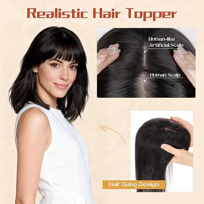 Rich Choices Human Hair Toppers for Women-100% Real Remy Hair Topper with 3D 360°Bang-Upgraded 150% Density 9 * 12CM Lace Base-Clip in Hairs topper for Thinning Hairs-10Inch #1B Natual Black