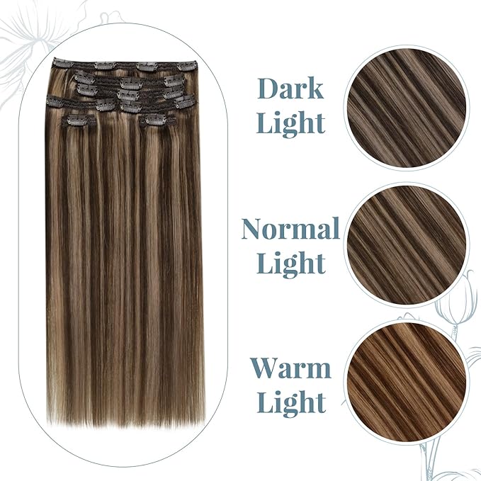 RUNATURE Human Hair Clip in Extensions, Well-Blended Remy Hair Extensions Clip Ins for Women, Add Hair Volume, 14 Inch 50g 3pcs #3P12 Walnut Brown Highlight