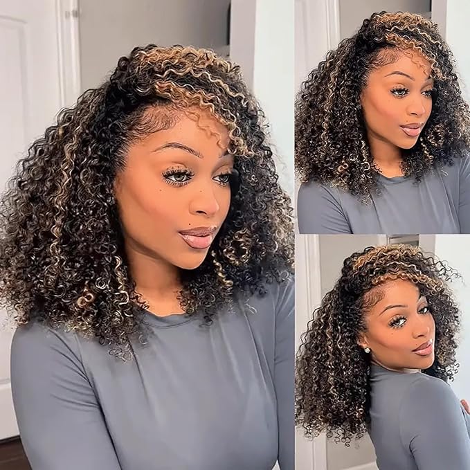 3 In 1 Half Wig Human Hair Afro Kinky Curly Wig Balayage Highlight Ombre Brown 250% Density Glueless Wigs Human Hair Comfortable Fit No Glue Needed Wear & Go Seamless Clip In Wigs 20 Inch