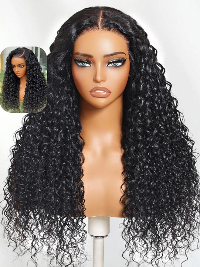 YIROO Bye Bye Knots Glueless Water Wave and Jerry Curly Drawstring Wig Human Hair, 7x5 Pre Cut Lace Front Glueless Wigs Pre Bleached Pre Plucked Wear and Go Wig for Women 150% Density 20Inch