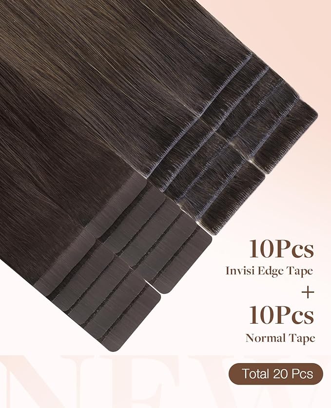 GOO GOO Invisi Edge Tape in Hair Extensions Human Hair, 1D/2C/4E Chocolate Dip Color Melt10pcs injected with 10pcs classical tape ins, 16inch 50g, Virgin Remy Hair, Natural Look