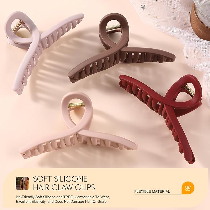4Pcs Cloud Claw Clips for Women, 4.7 Inch Non-Slip Strong Hold Hair Claws, Unbreakable & Durable TPEE-Silicone Blend, Large Bendable Cozy Hair Clip for Thin/Thick/Curly Hair, All-Day Comfort