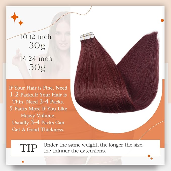 Full Shine Wine Red 99J Tape in Hair Extensions 14 Inch Hair Extensions Tape in Seamless Skin Weft Glue in Extensions Burgundy 50 Gram Hair Extension Human Hair 20 Pcs Straight Human Hair