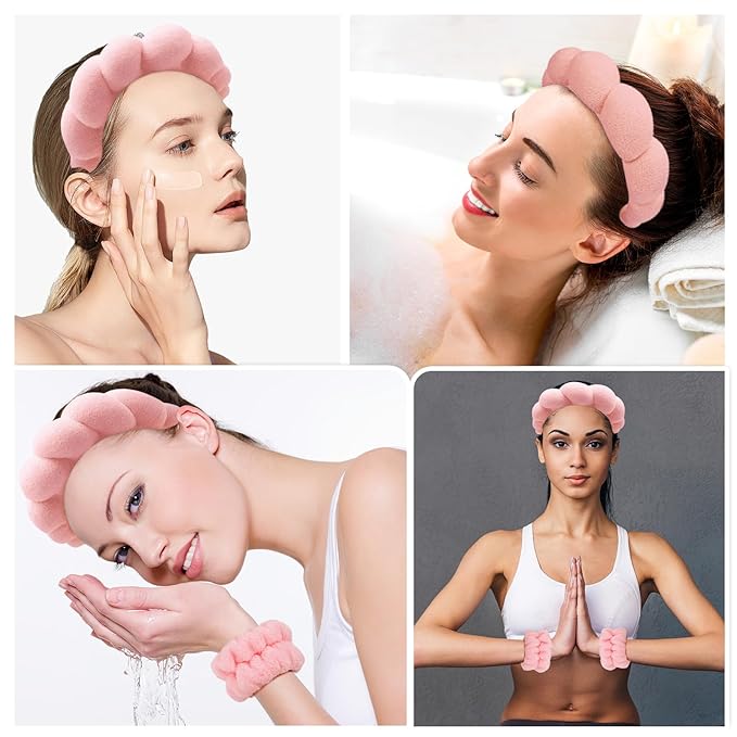 Zkptops Spa Headband for Washing Face Wristband Set Sponge Makeup Skincare Terry Cloth Bubble Soft Get Ready Hairband for Women Girl Puffy Padded Headwear Non Slip Thick Hair Accessory(Orange Pink-2)