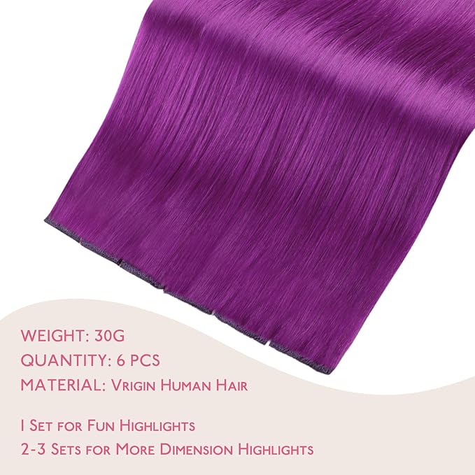 WENNALIFE Purple Clip in Hair Extensions Real Human Hair 35g 6pcs 18 Inch Colored Hair Extensions for Kids Women Colorful Hair Pieces Pop-up Style Straight Extensiones De Cabello Humano Con Clip