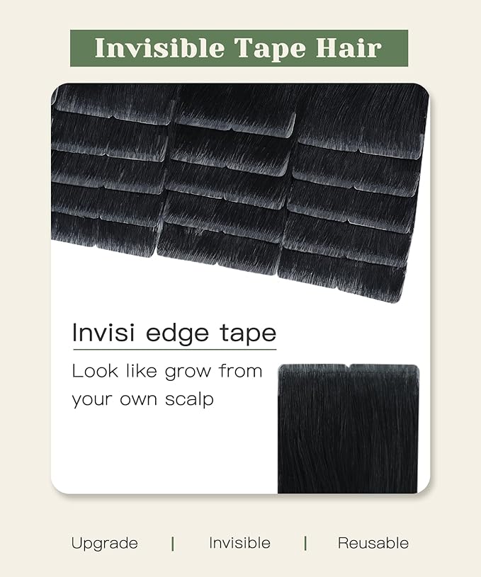 SURNEL Injected Invisible Tape in Hair Extensions Human Hair Jet Black Upgraded Seamless Invisible Tape in Extensions 22Inch 20 Pcs 50g(#1,22)