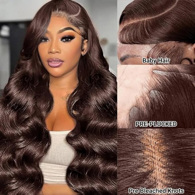 250% Density Chocolate Brown Lace Front Wig Human Hair 13x4 Body Wave Lace Front Wigs Colored Human Hair Wigs For Women HD Transparent Lace Front Wig(24 Inch,Chocolate Brown Wig)