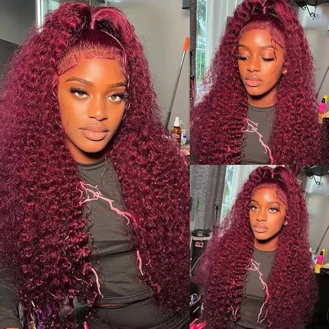 24 Inch 99J Burgundy Deep Wave Lace Front Wigs Human Hair 200% Density 13x6 Lace Front Wigs Human Hair Glueless HD Lace Frontal Wigs for Women