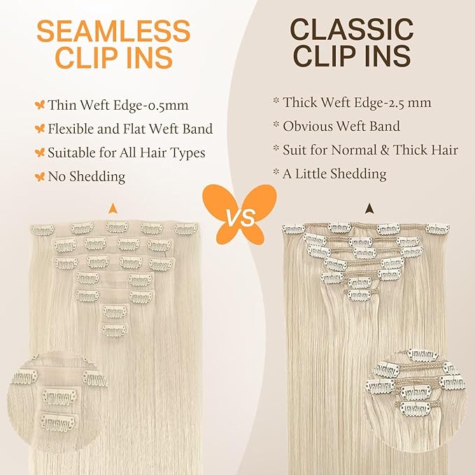 DOORES Seamless Clip in Human Hair Extensions - Platinum Blonde, 24 Inch, 7pcs 120g - Remy Straight Hair With Invisi Edge