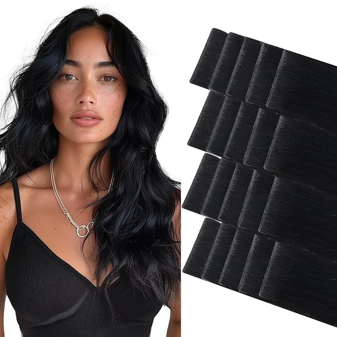 GOO GOO Invisi Edge Tape in Hair Extensions Human Hair, 1 Jet black 20pcs 10inch 30g, Virgin Remy Hair, Seamless Injected Tape, Natural Look