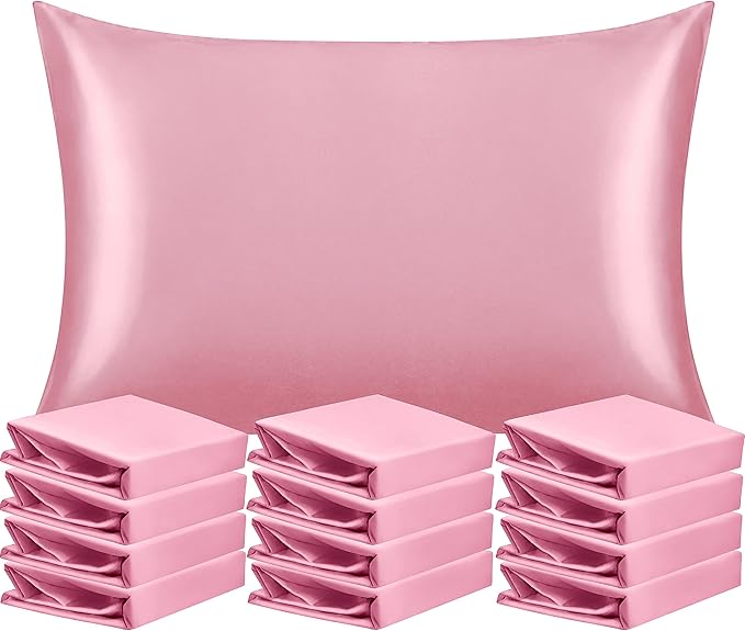 NTBAY 12 Pack Satin Queen Pillowcases for Hair and Skin, Luxurious and Silky Pillow Cases with Envelope Closure, 20 x 30 Inches, Pink