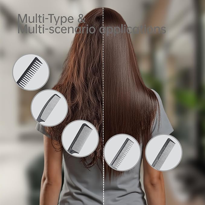 5-Piece Wide Tooth & Fine Tooth Hair Comb Set - Rat Tail Styling Combs for Detangling, Smoothing, Sectioning - All Hair Types - Professional & Home