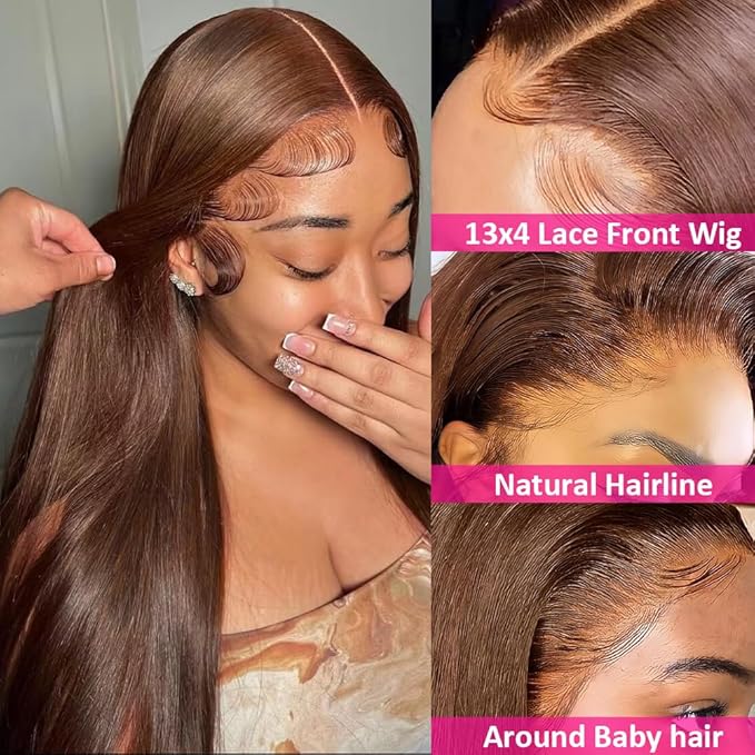 Hermosa 13x4 Chocolate Brown Lace Front Wigs Human Hair 180 Density Straight Brown Lace Frontal Human Hair Wigs Pre Plucked Hairline 4# Brown Color 30 Inch