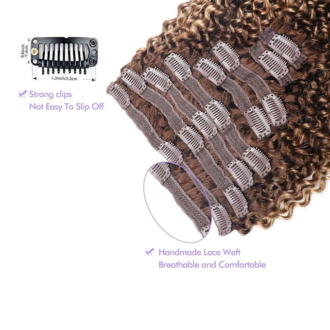Curly Clip In Hair Extensions Real Human Hair Clip Ins Balayage Chocolate Brown to Caramel Blonde Human Hair Extensions 8Pcs with18clips 120g/Set (22 inch，#4/27/4)
