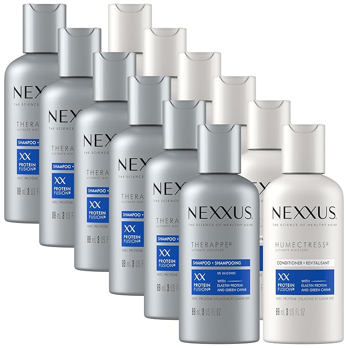 Nexxus Therappe Shampoo & Humectress Conditioner, Travel-Size (6 Sets, 12 Bottles), Elastin Protein & Green Caviar Revive Dry Hair with 24H Moisture, 3 Oz Ea