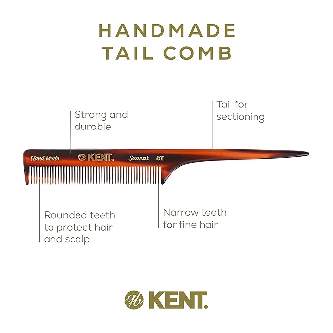 Kent 8T Rat Tail Combs Teasing Comb for Hair Styling and Sectioning, Handmade Fine Tooth Comb Parting Combs for Braiding Hair and Styling for Women, Saw Cut and Hand Polished