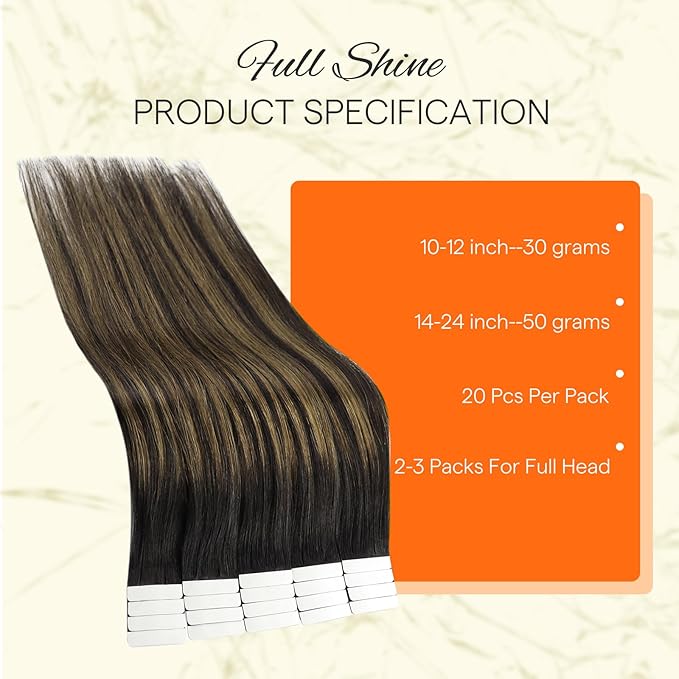 Full Shine Tape in Extensions Balayage Color 1B Off Black Ombre 6 Brown Highlight 1B Black Remy Tape Hair Extensions Real Human Hair 22 Inch 20 PCS 50 Grams Add Length