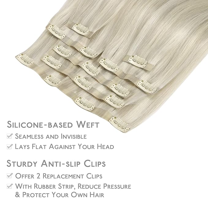 WENNALIFE Seamless Clip In Hair Extensions Human Hair, 24 Inch 160g 7pcs Ash Blonde Highlighted Platinum Blonde Invisible Natural PU Weft Straight Extensiones De Cabello Hmano