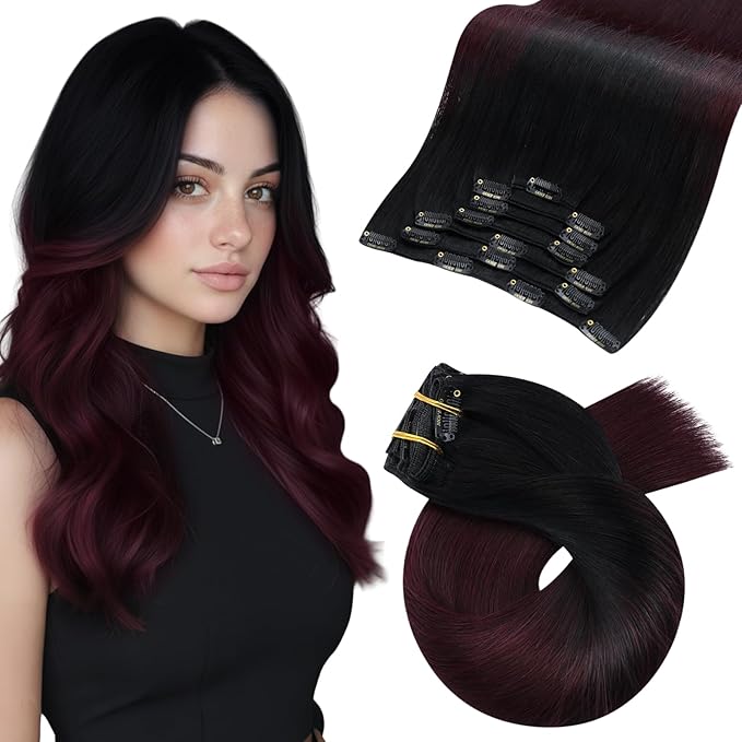 Moresoo Human Hair Clip Extensions Balayage Black to Burgundy Real Hair Ombre Black to Wine Red Double Weft Clip in Human Hair Extensions 7Pcs/120G 24inch
