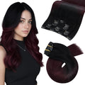 Moresoo Clip in Hair Extensions Remy Double Weft Human Hair Clip in Extensions Balayage Straight Hair Extensions for Women Ombre Black with Burgundy 7pcs 120g 16inch